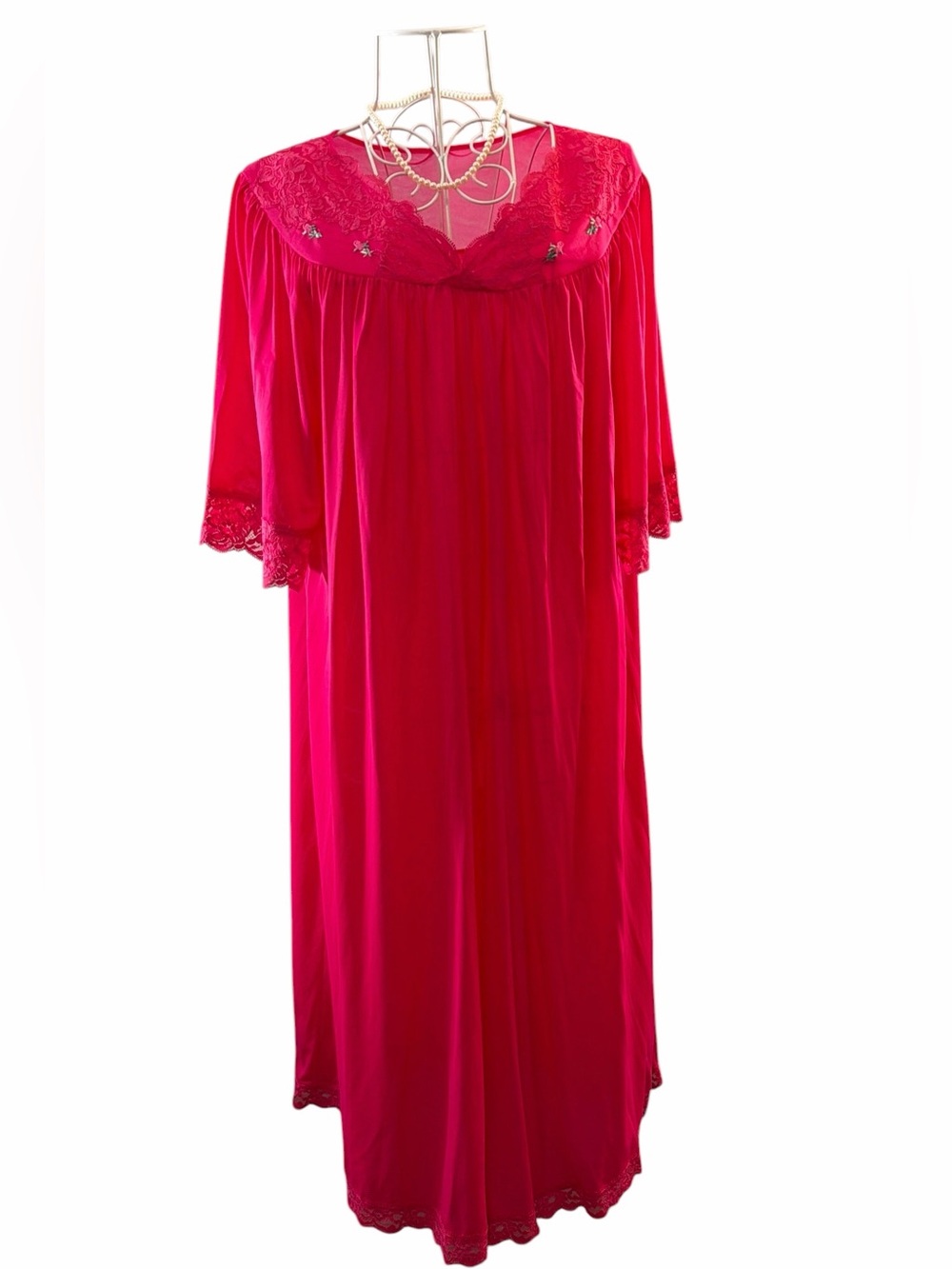 Vintage Shadowline Hot Pink Floral Lace Detail Nightgown Size L Cottagecore